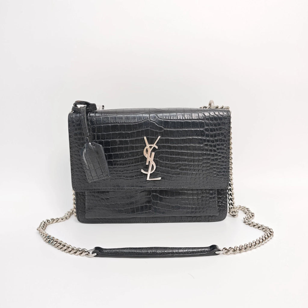 YSL Black Crocodile Embossed Medium Sunset Shoulder Crossbody Women