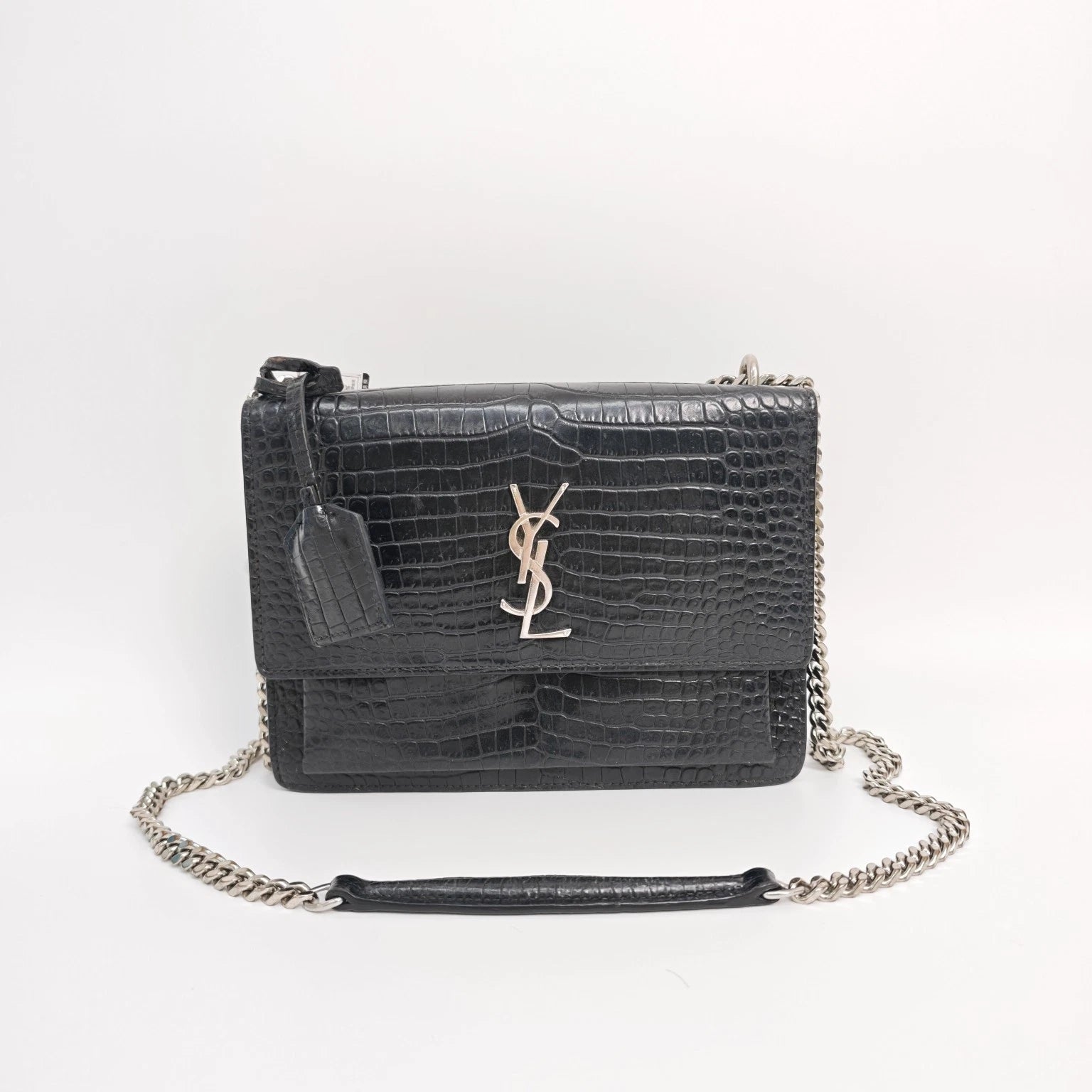YSL Black Crocodile Embossed Medium Sunset Shoulder Crossbody Women