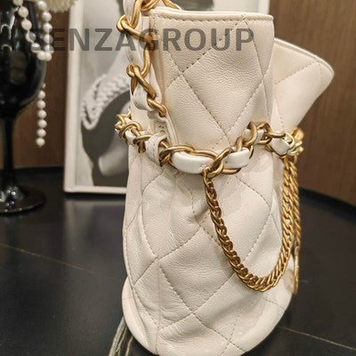 Chanel Coin Bucket Quilted Chain Shoulder Bag in White Gold