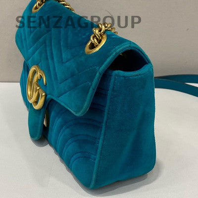 Gucci Marmont 26 Velvet Chain Shoulder Bag Blue Gold Hardware