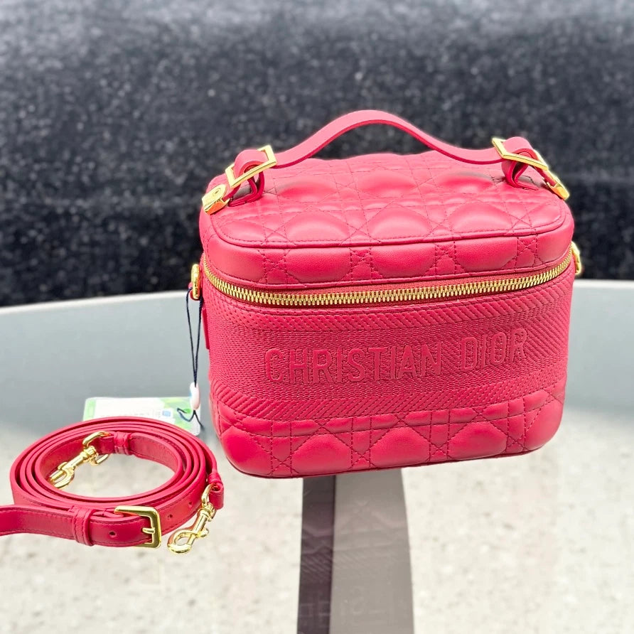 Christian Dior Travel Bag Calfskin Vanity Case Top Handle Bag Red Gold Women S