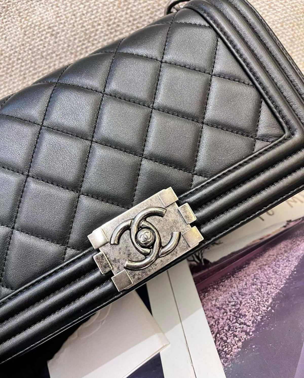 Chanel Leboy MM Chain Calfskin Black Silver Shoulder Bag Crossbody Women Classic