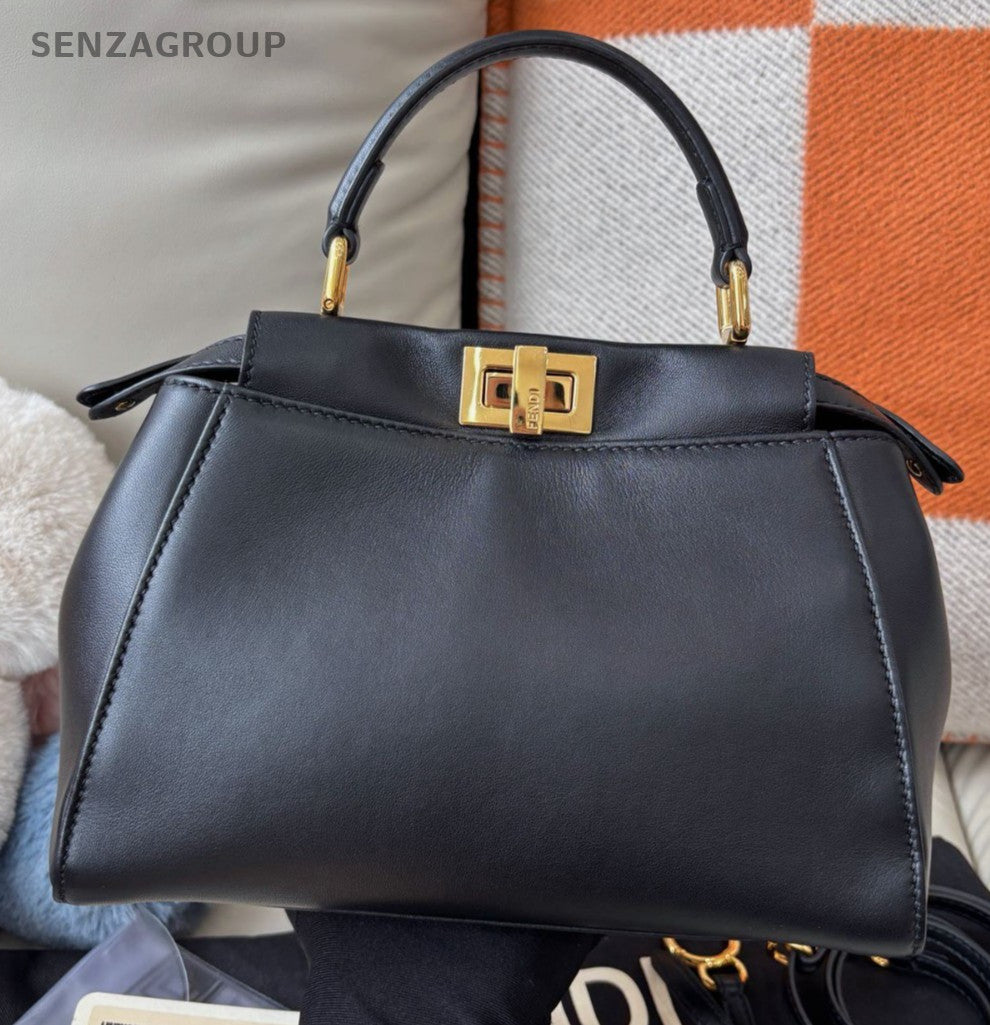 Fendi peekaboo PM Top Handle Shoulder Crossbody Bag Black Gold Almost Brand New