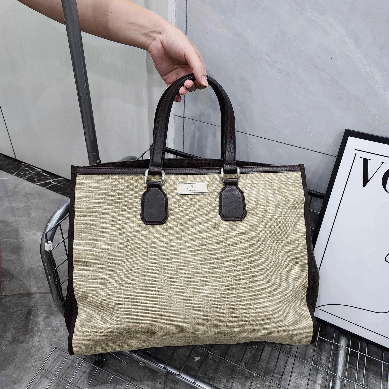Gucci Beige Canvas Monogram Tote Handbag For Women