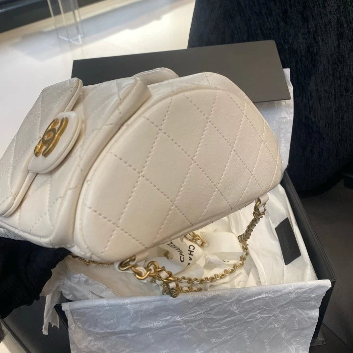 Chanel Diamond Lambskin Chain Drawstring Backpack White Gold Women Classic D