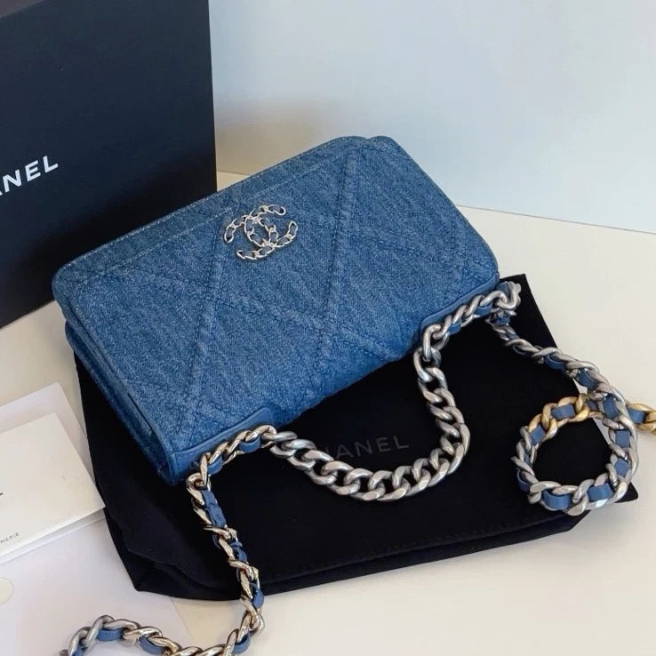 Chanel 19Bag Denim Chain Top Handle Crossbody Blue Gold Used Women Classic