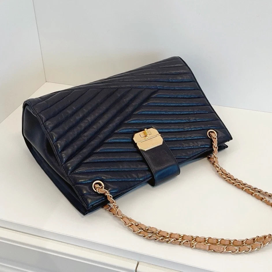 Chanel 2.55 Calfskin Chain Tote Shoulder Bag Black Gold Used Women Classic