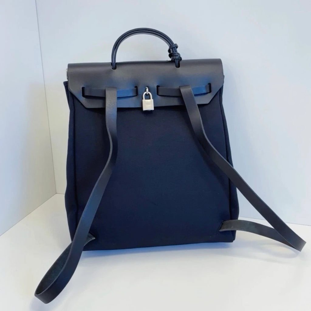 Hermes Herbag Backpack Top Handle Bag Black Silver Hardware Unisex Fashion