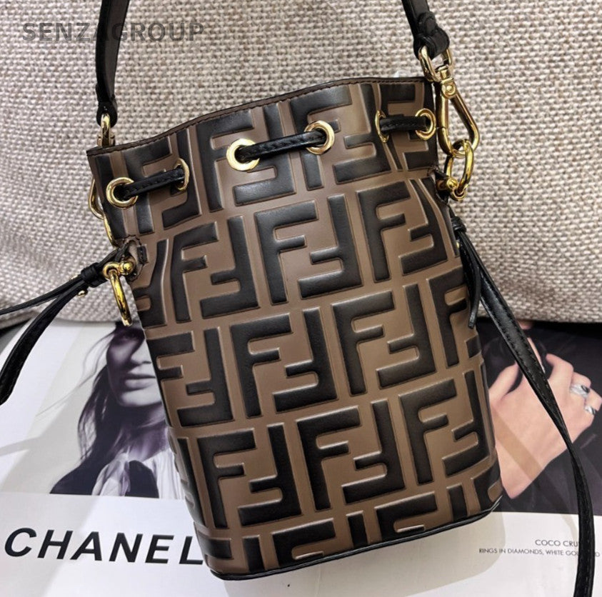 Fendi Mon Tresor Mini Bucket Top Handle Bag Crossbody Brown Gold Women Classic