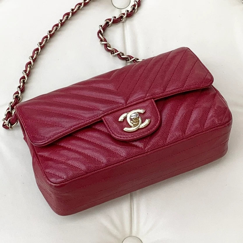 Chanel Classic Flap Mini Chain Calfskin Shoulder Bag Crossbody Red Gold Women S