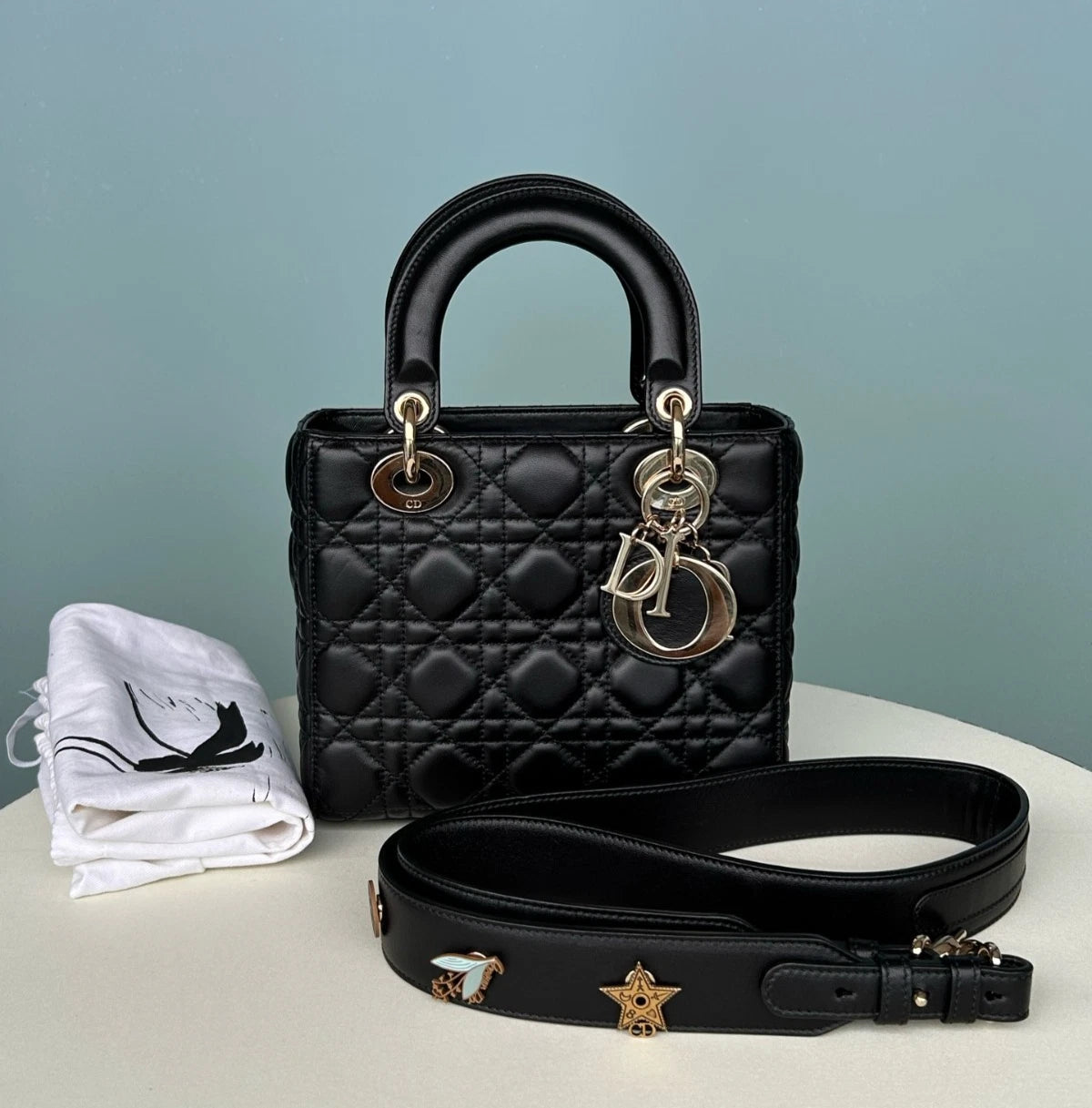 Christian Dior Lady Dior Lambskin Top Handle Bga Shoulder Bag Black Women