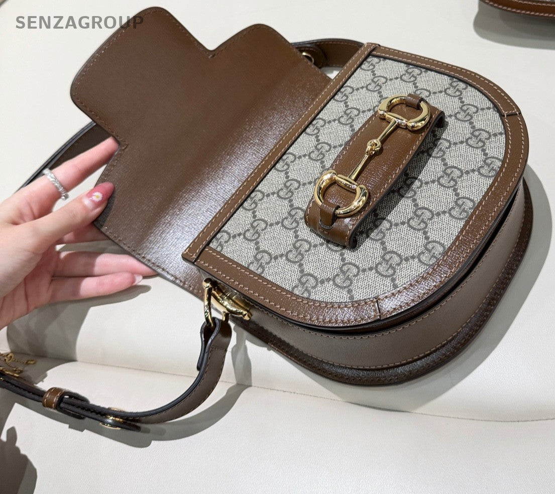 GUCCI 1955 Horsebit Saddle mini Monogram Shoulder bag Brown Gray Women Classic