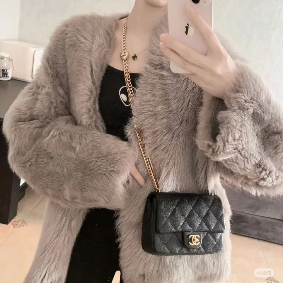Chanel Calfskin Chain Shoulder Bag Crossbody Black Gold Diamond Women Classic