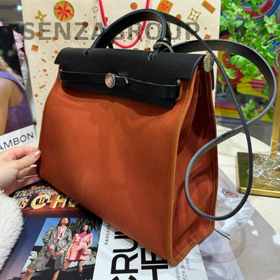 Hermès Herbag 31 Canvas Shoulder Bag Orange Black Silver Hardware