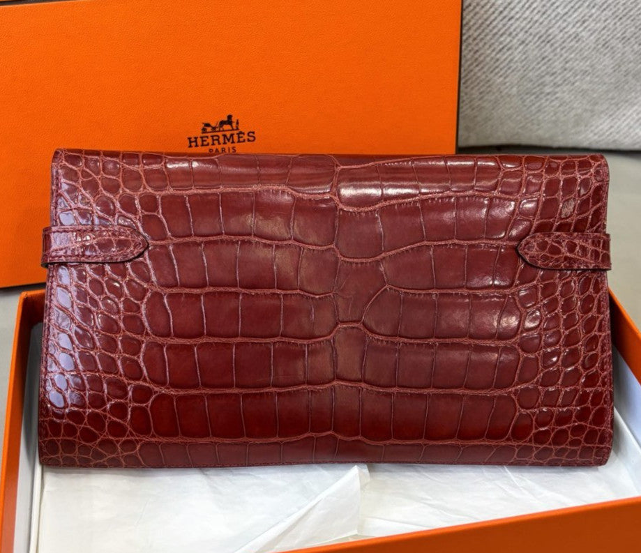 Hermes Kelly Long Wallet Red Gold Clutch Used Women Classic Fashion