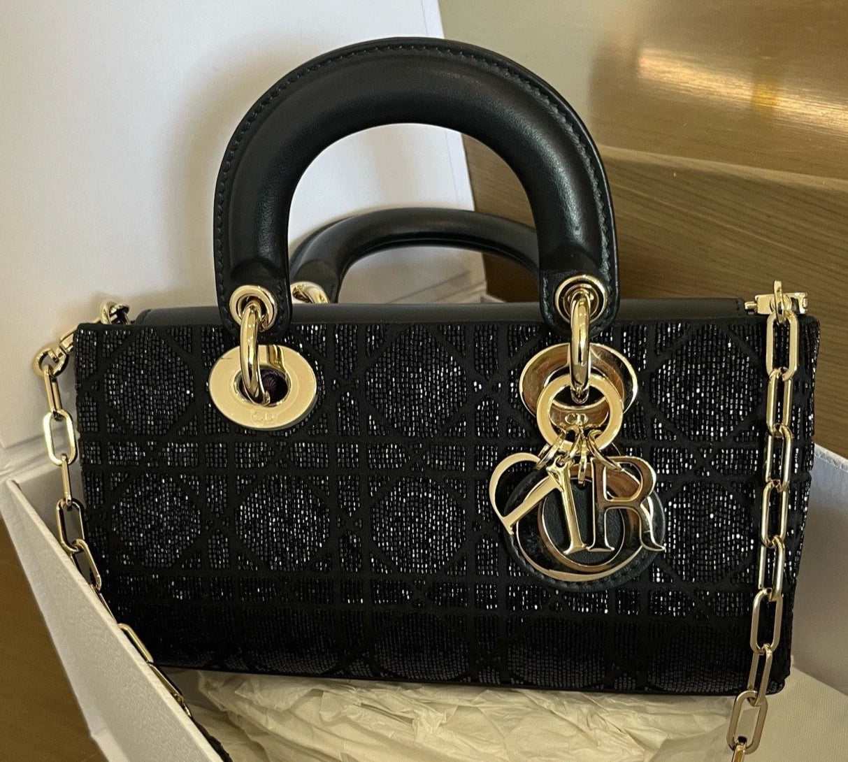 Dior Lady Dior Black Shoulder Bag Top Handle Excellent