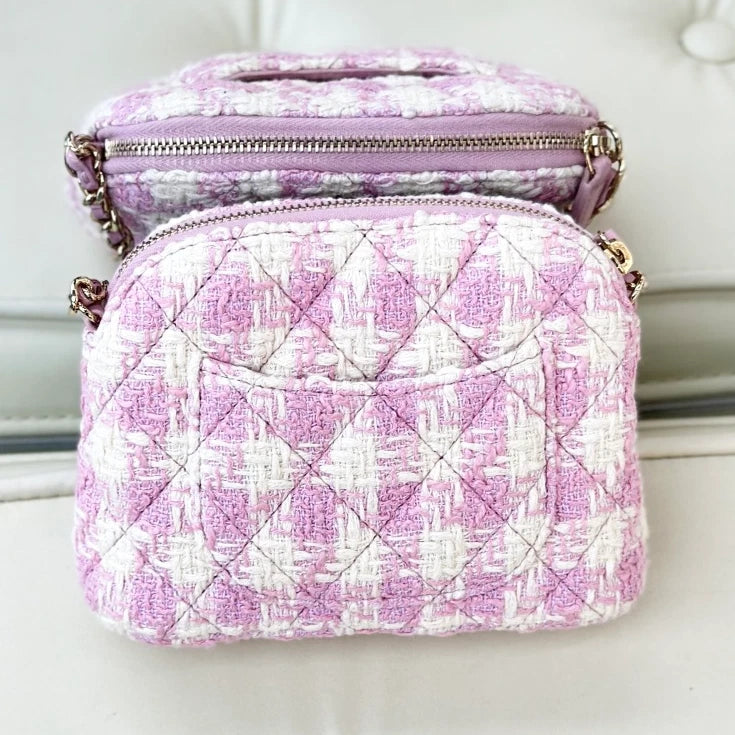 Chanel Tweed Shell Bag Chain Shoulder Bag Crossbody Pink Gold Women Classic S