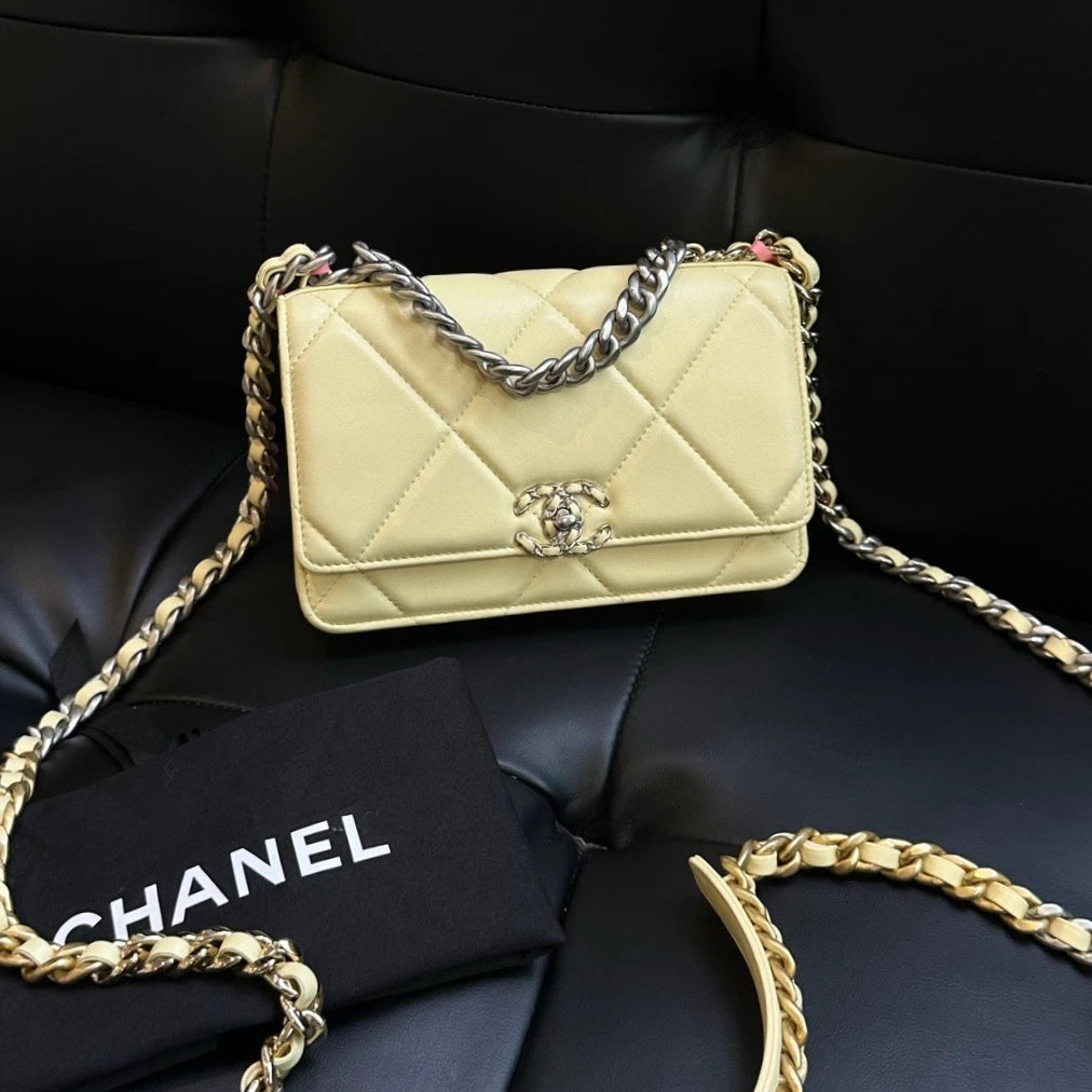 Chanel 19Bag WOC Chain Shoulder Bag Crossbody Yellow Silver Women Classic