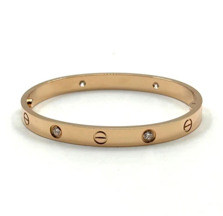 Excellent Cartier Love Classic Bracelet 18k Rose Gold Bangle 4Diamonds Size17