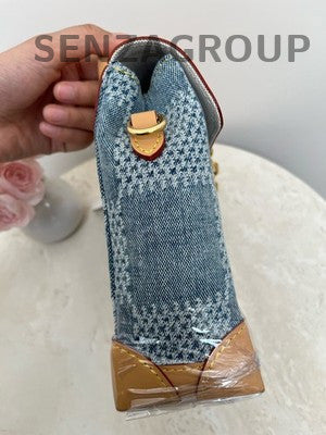 Louis Vuitton Denim Checkerboard Backpack Blue Gold Buckle Classic Fashion Women