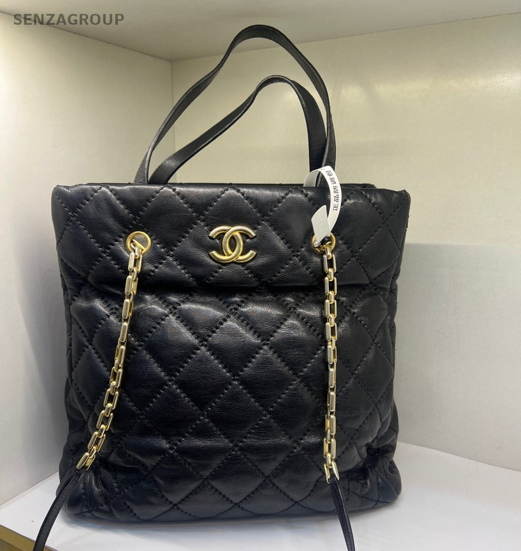 Chanel Tote Calfskin 2Way Top Handle Bag Chain Shoulder Bag Black Gold Women