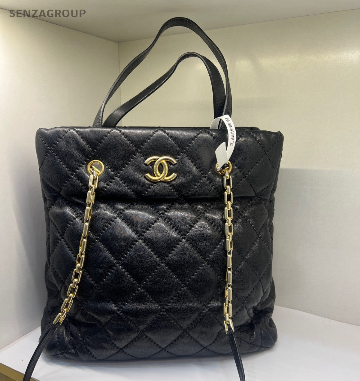 Chanel Tote Calfskin 2Way Top Handle Bag Chain Shoulder Bag Black Gold Women