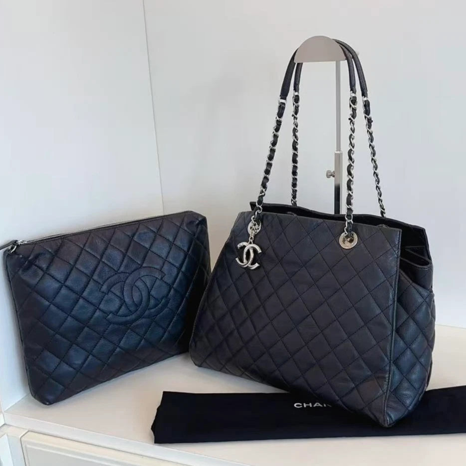 Chanel Calfskin Tote Chain Shoulder Bag Black Silver Diamond Women Classic