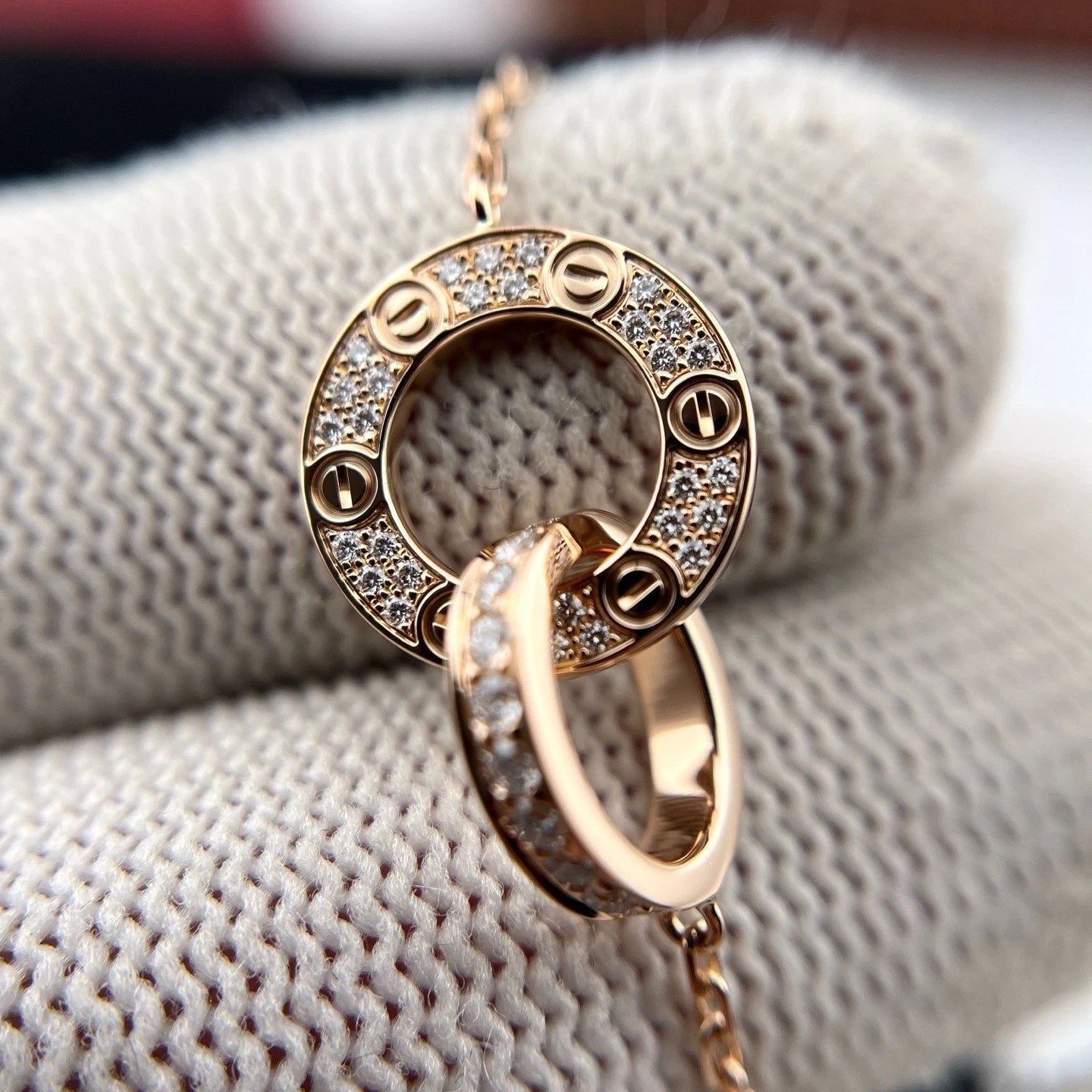 Cartier Love Necklace 18K Rose Gold Diamond Double Ring Pendant