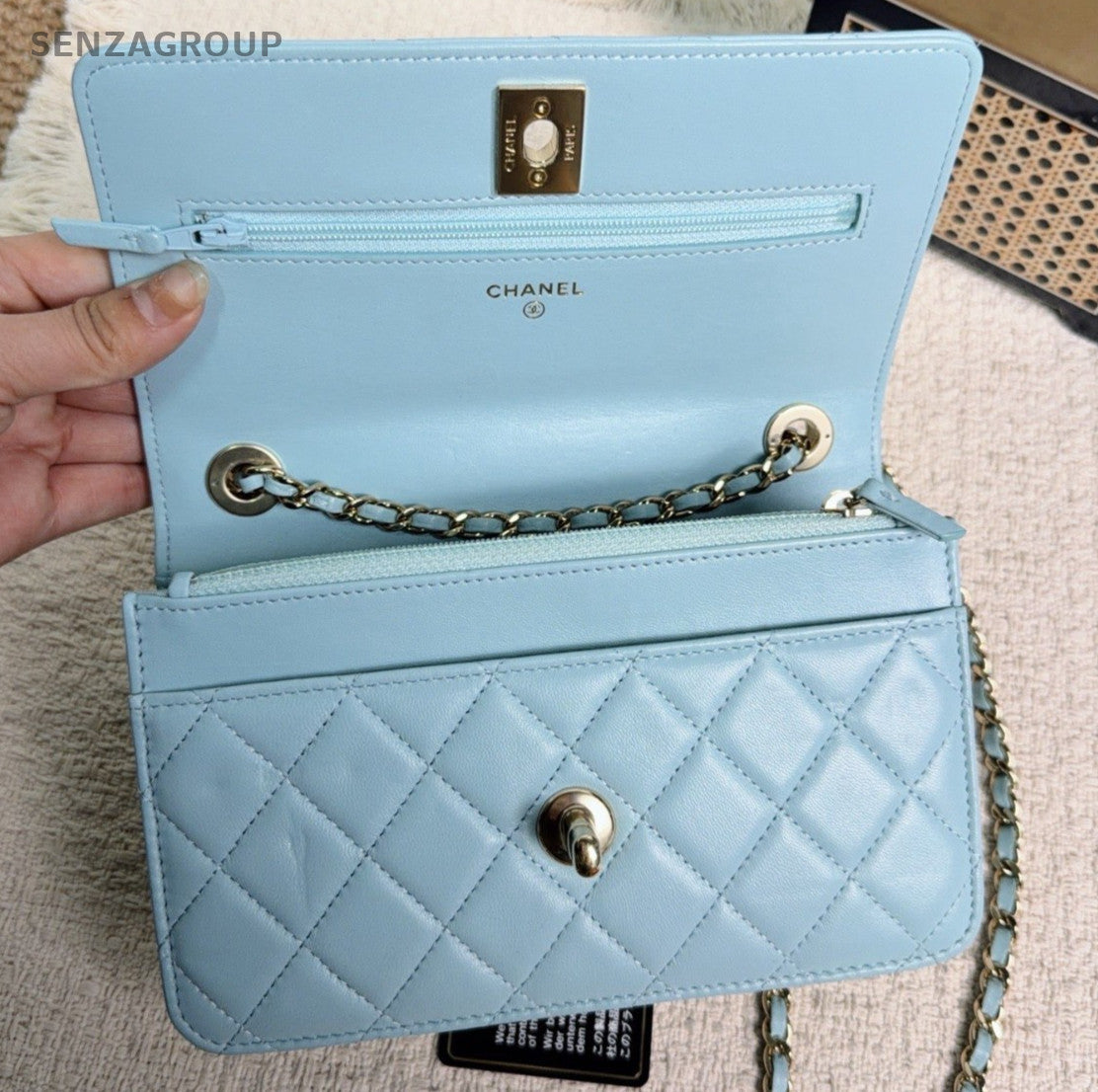 Chanel Trendy Lambskin Chain Diamond Shoulder Bag Crossbody Blue Gold Women