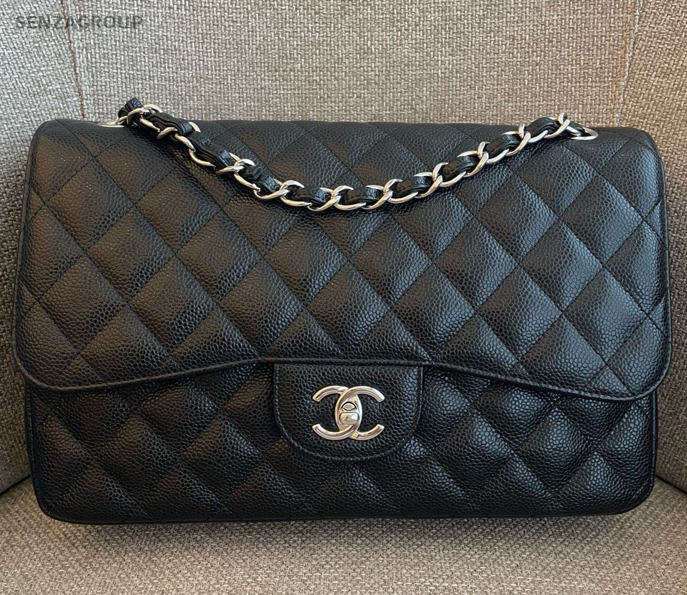 Chanel Classic Flap Jumbo Chain Shoulder Bag Black Silver Women Fashion