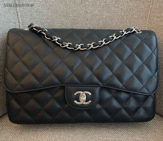 Chanel Classic Flap Jumbo Chain Shoulder Bag Black Silver Women Fashion