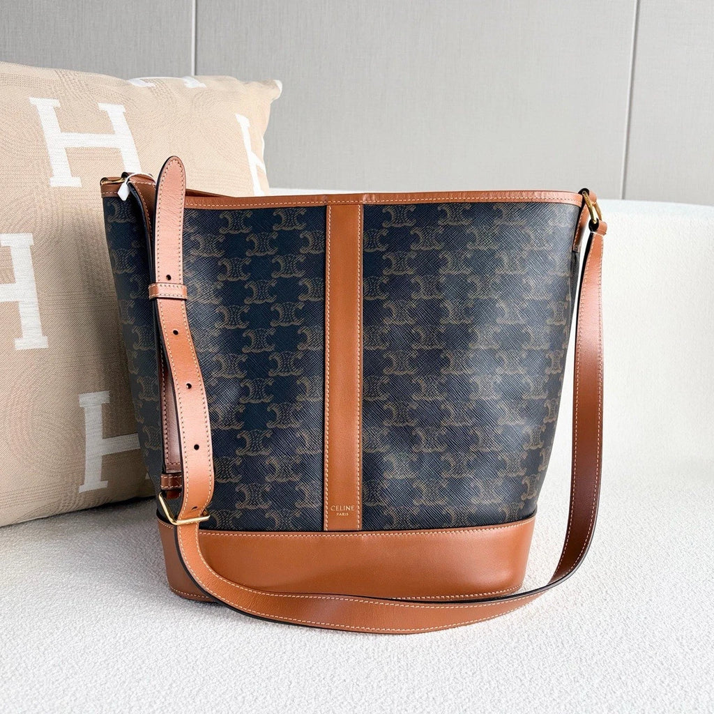Celine Triomphe MM Bucket Shoulder Bag Black Brown Gold Women Classic