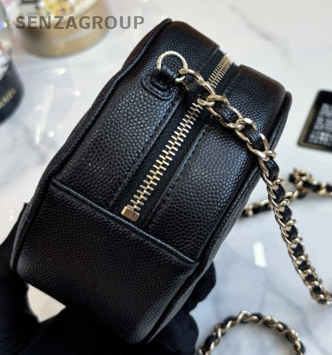 Chanel Caviar Leather Mini Round Flap Shoulder Crossbody Bag Black Women