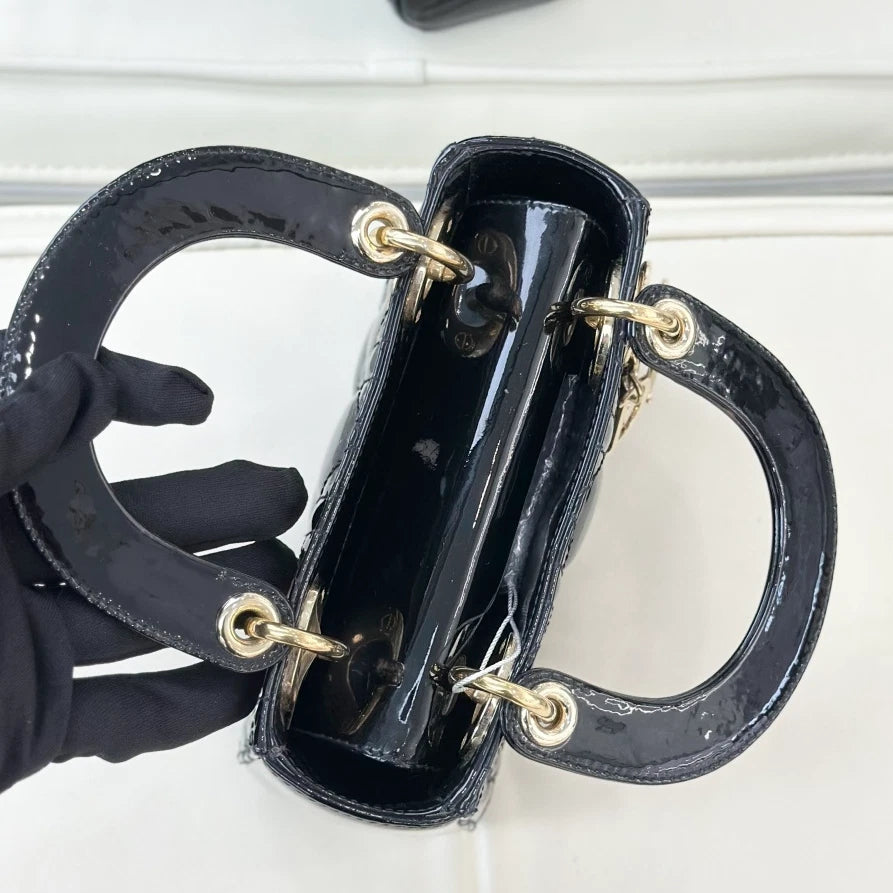 Dior Lady Dior Black Gold Crossbody Top Handle Excellent