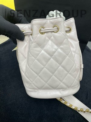 Chanel 21B White Gold Drawstring Chain Bucket Bag Quilted Crossbody