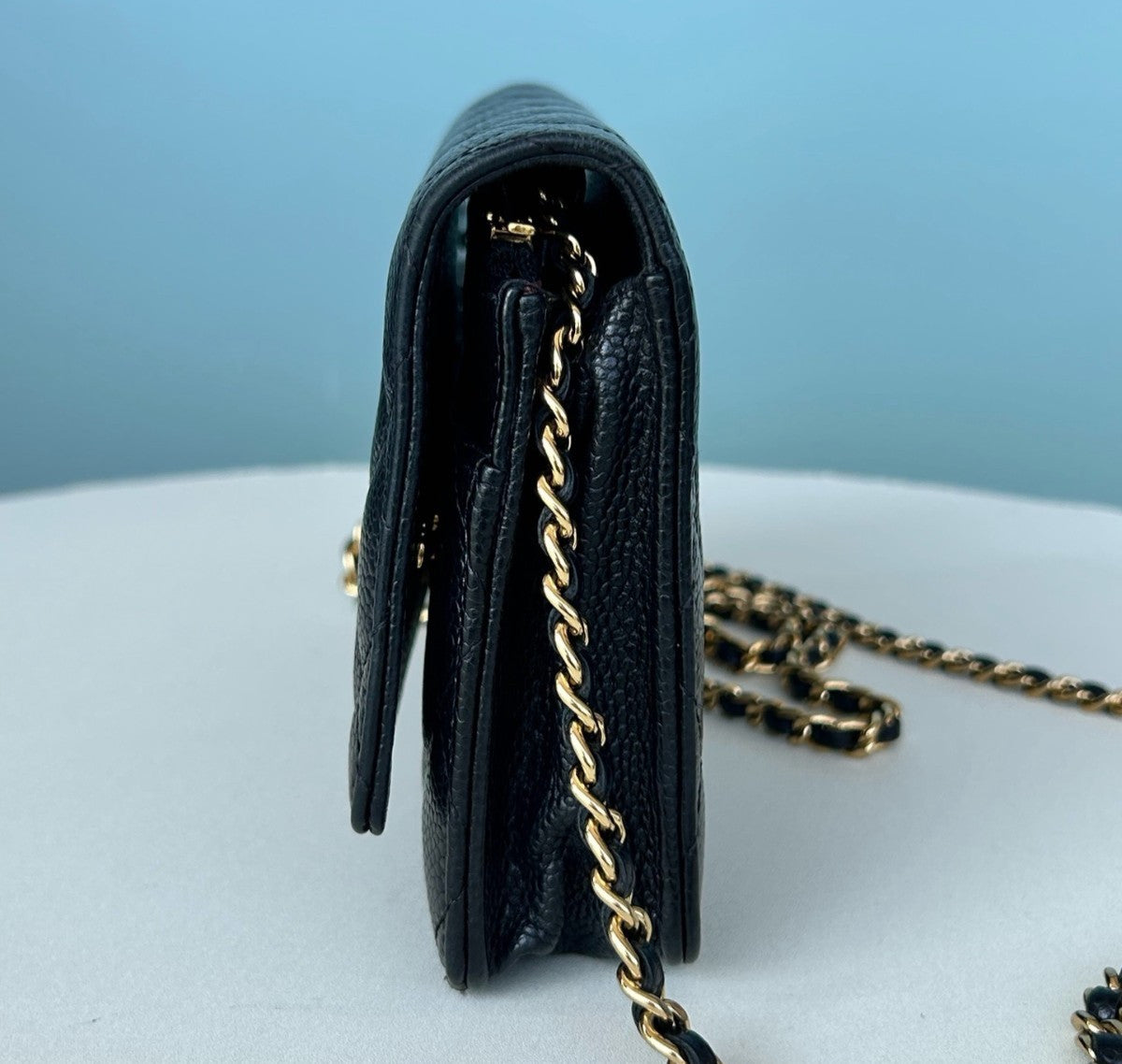 Chanel WOC Chain Calfskin Shoulder Crossbody Black Gold Women Classic Diamond