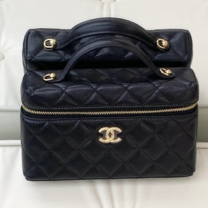 Chanel Vanity Case Calfskin Chain Top Handle Crossbody Bag Black Women S