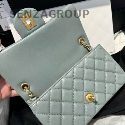 Chanel Classic Flap Mini Bag Grey Green Gold Hardware Crossbody Shoulder