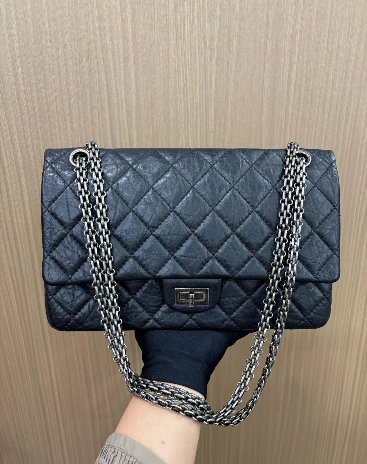 Chanel 2.55 MM Chain Shoulder Bag Crossbody Black Silver Women Classic