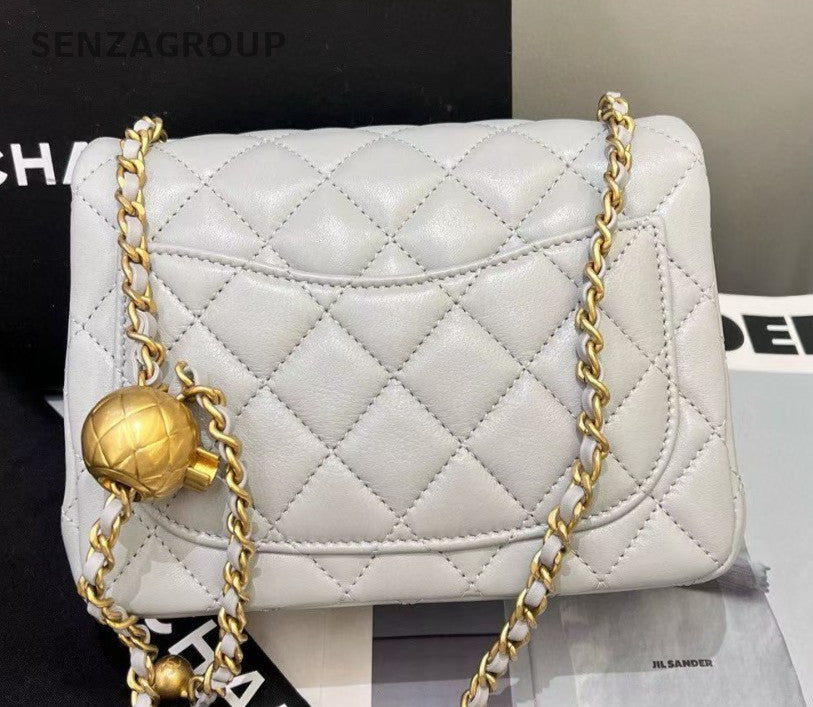 Chanel 24K Chain Shoulder Bag Crossbody Gray Gold Women Diamond