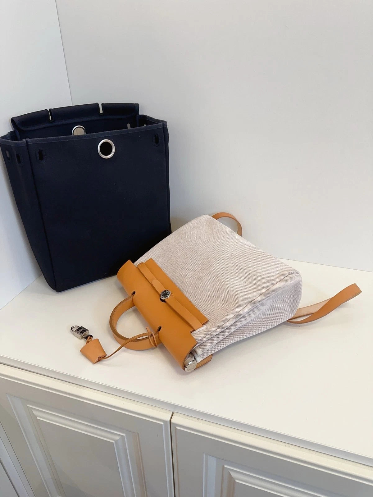 Hermes Herbag 31 Backpack Caramel Leather Silver Hardware Reversible Canvas