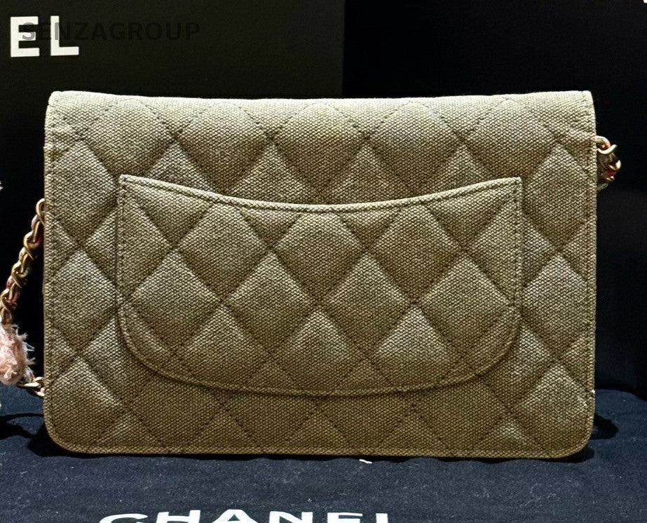 Chanel Cuba WOC Canvas Chain Shoulder Bag Crossbody Green Gold Women Classic