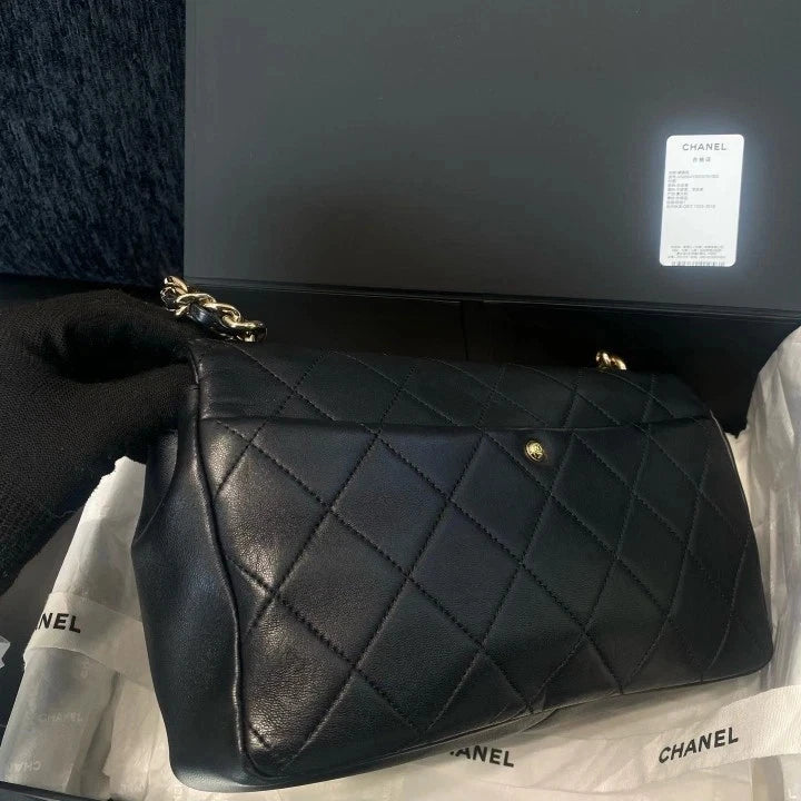 Chanel Classic Flap Chain Lambskin Top Handle Crossbody Bag Black Gold Women D