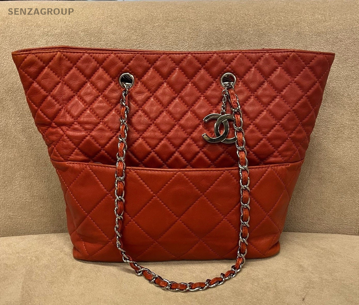 CHANEL Vintage Tote Diamond Pattern Chain Shoulder bag Red Silver Women
