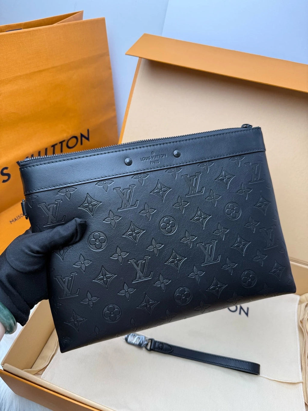 Louis Vuitton Black Monogram Embossed Leather Clutch Women