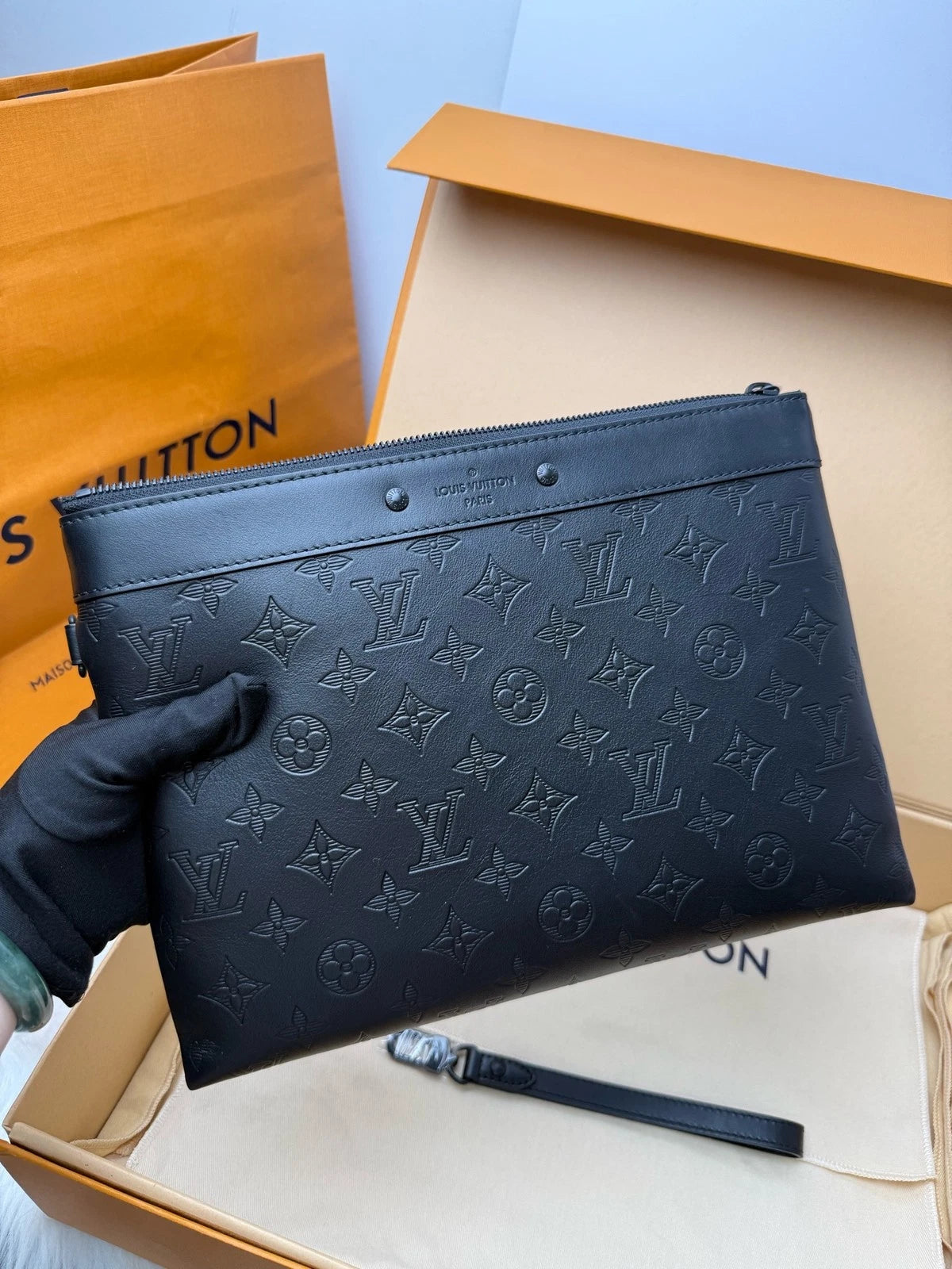 Louis Vuitton Black Monogram Embossed Leather Clutch Women