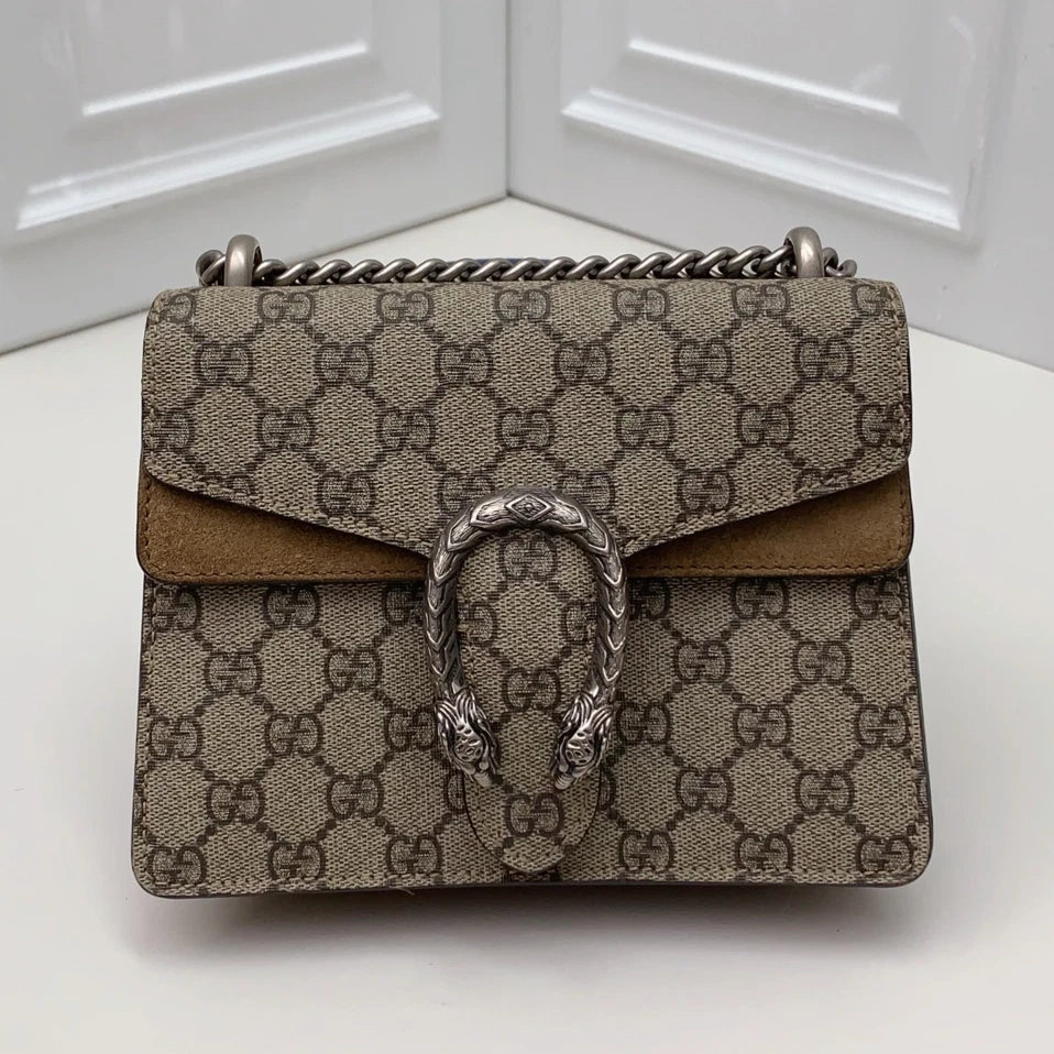 Gucci Dionysus Canvas Suede Chain Shoulder Crossbody Brown Silver Women Classic