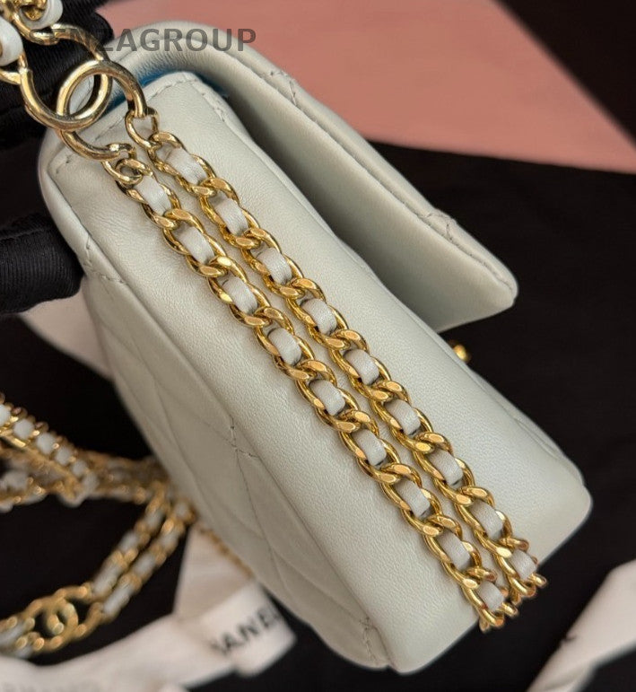 Chanel Classic Flap Mini Lambskin Chain Crossbody Shoulder Bag White Gold Women