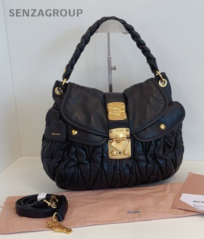 Miumiu Hobo Wrinkled skin 2WAY Shoulder Handbag Black Gold Women