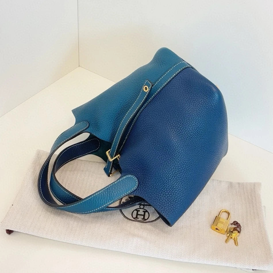 Hermes Picotin18 Top Handle Shoulder Bag Blue Gold Women Fashion